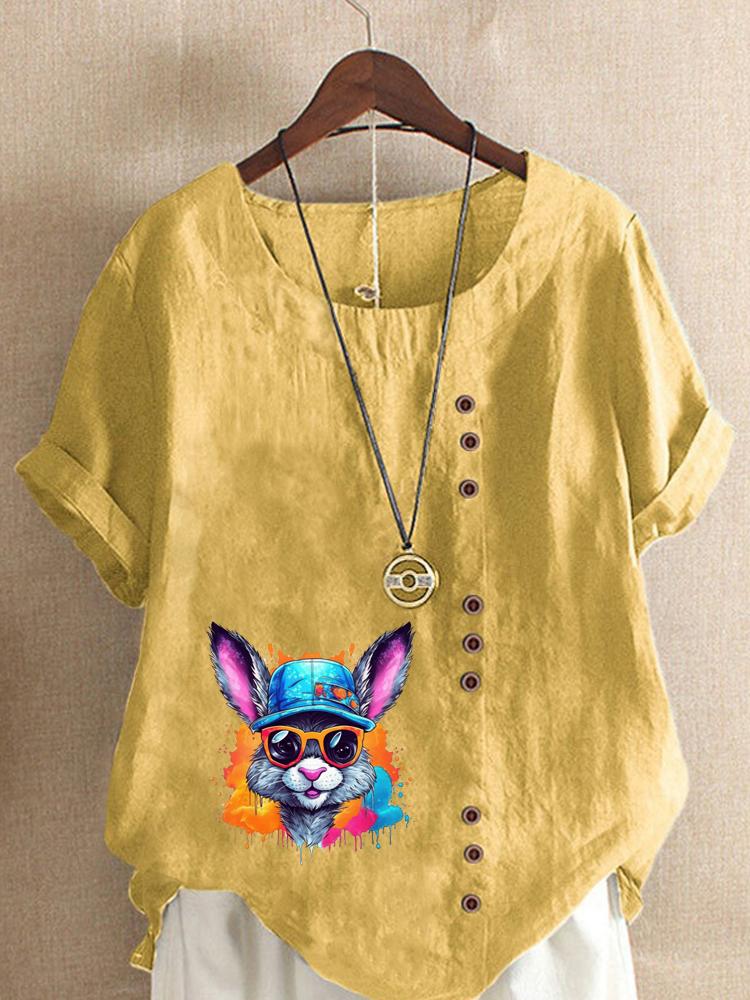Women's Fashion Colorful Rabbit Print Round Neck Short Sleeve T-shirt Summer Casual Cotton Linen Graphic Shirt Leisure Loose Blouse Tops