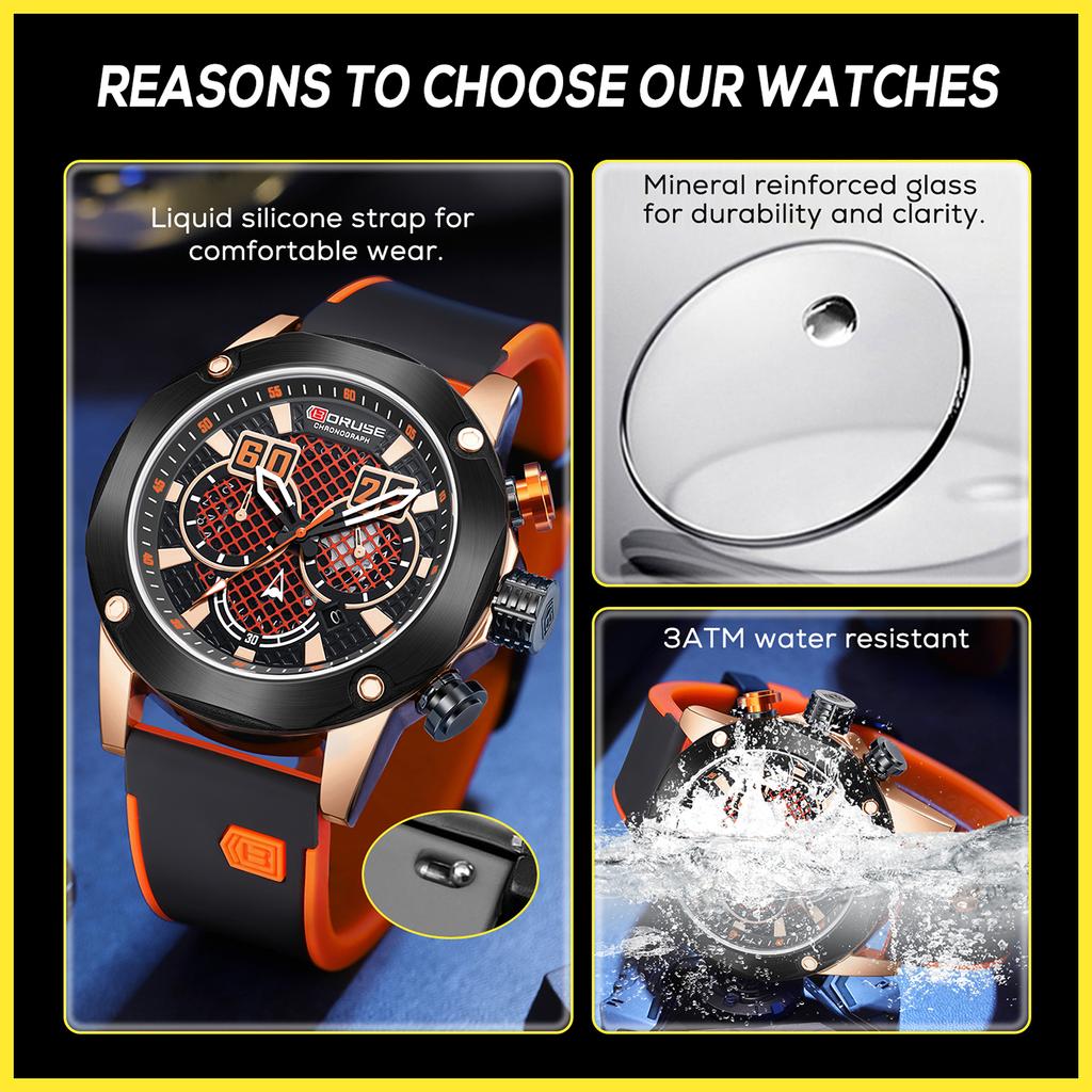 BORUSE Large Dial Men's Watch Sports Chronograph Waterproof Quartz Watch Luxury Leisure Watch Simulate Hollow Men's Watch Silicone Strap Watch for Men
