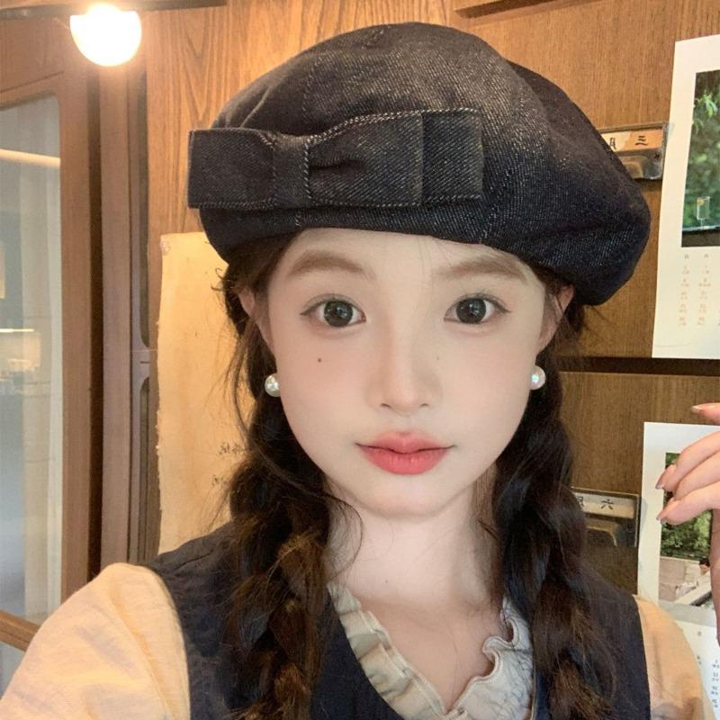 Women S Denim Beret With Double Bowknot Large Head Size Painter Hat