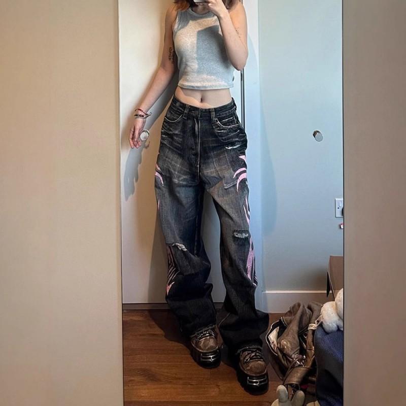 Unisex High-Waisted Straight Leg Denim Pants With Graphic Print Streetwear Style Long Trousers