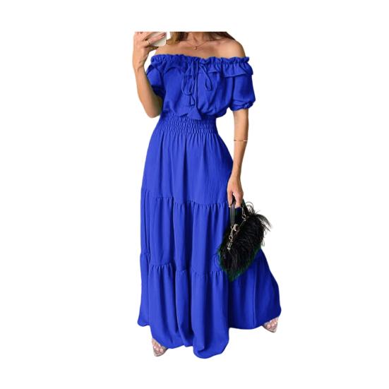 Women's Summer Off Shoulder Ruffle Maxi Dress Short Sleeve High Waist A-Line Dress Flowy Beach Long Dress