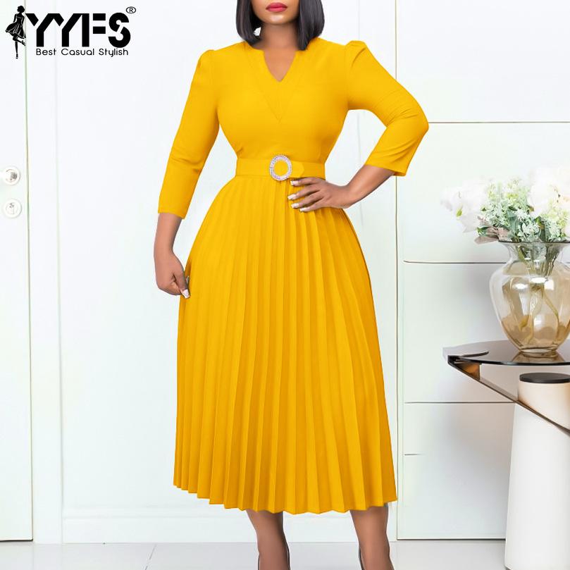 YYFS Women's Fashion Spring Fall Solid Color Print 3/4 Sleeves V-Neck High Waist Casual Dresses