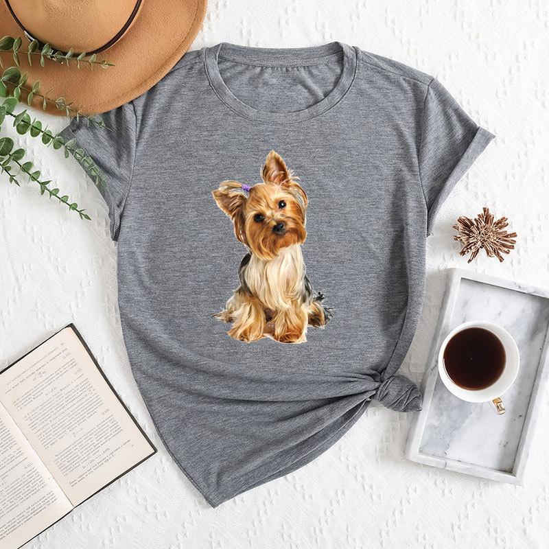 Летние женские свободные футболки с круглым вырезом и принтом собаки из чистого хлопка с короткими рукавами для женщин