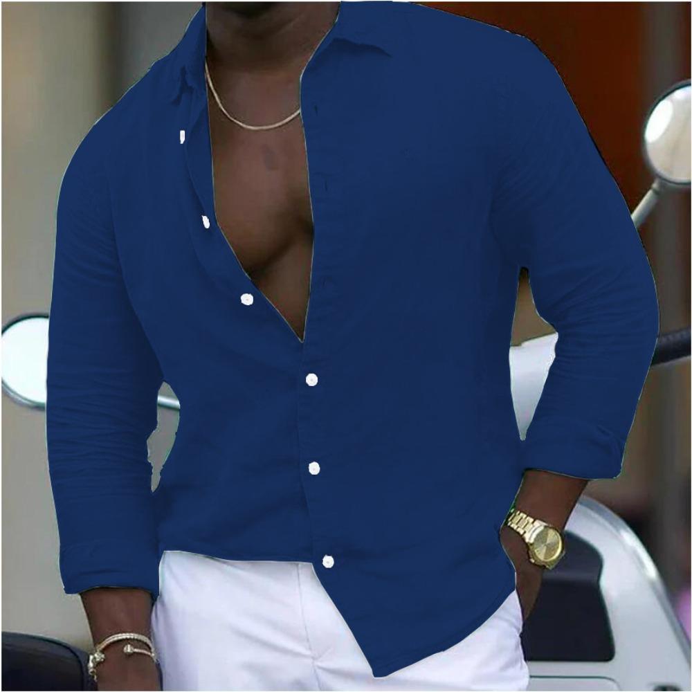 New Cotton-linen Blend Men's Long-sleeved Shirt Solid-colour Casual Collared Shirt