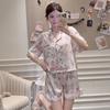 Pajamas women's spring summer cool ice silk sweet girl print short sleeves shorts trousers three-piece loungewear