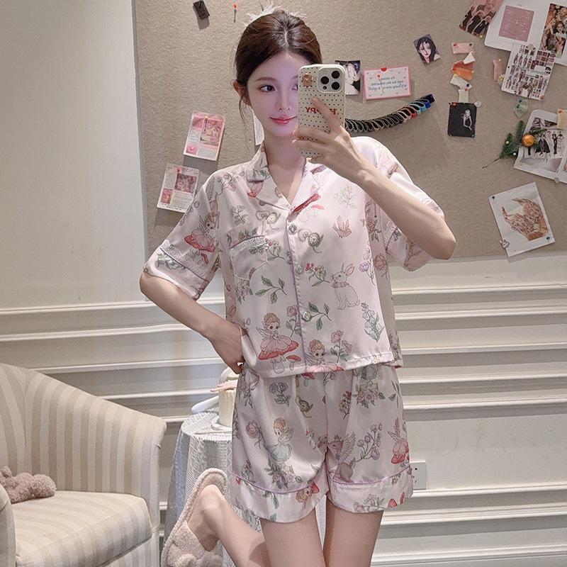 Pajamas women's spring summer cool ice silk sweet girl print short sleeves shorts trousers three-piece loungewear