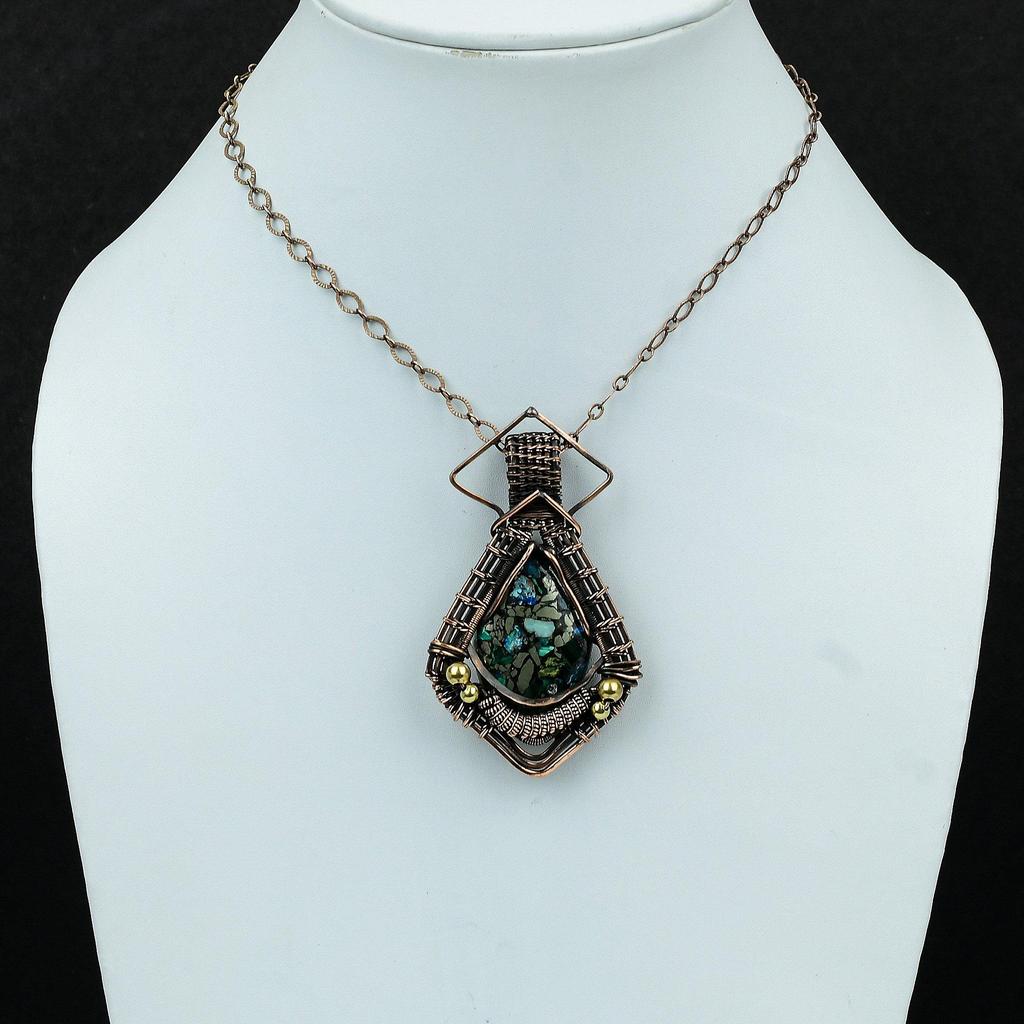 Медный кулон с азуритом и малахитом, обмотанный медной проволокой, ручная работа, медные украшения, кулон с натуральным драгоценным камнем, подарок для нее, украшения в технике wire wrap