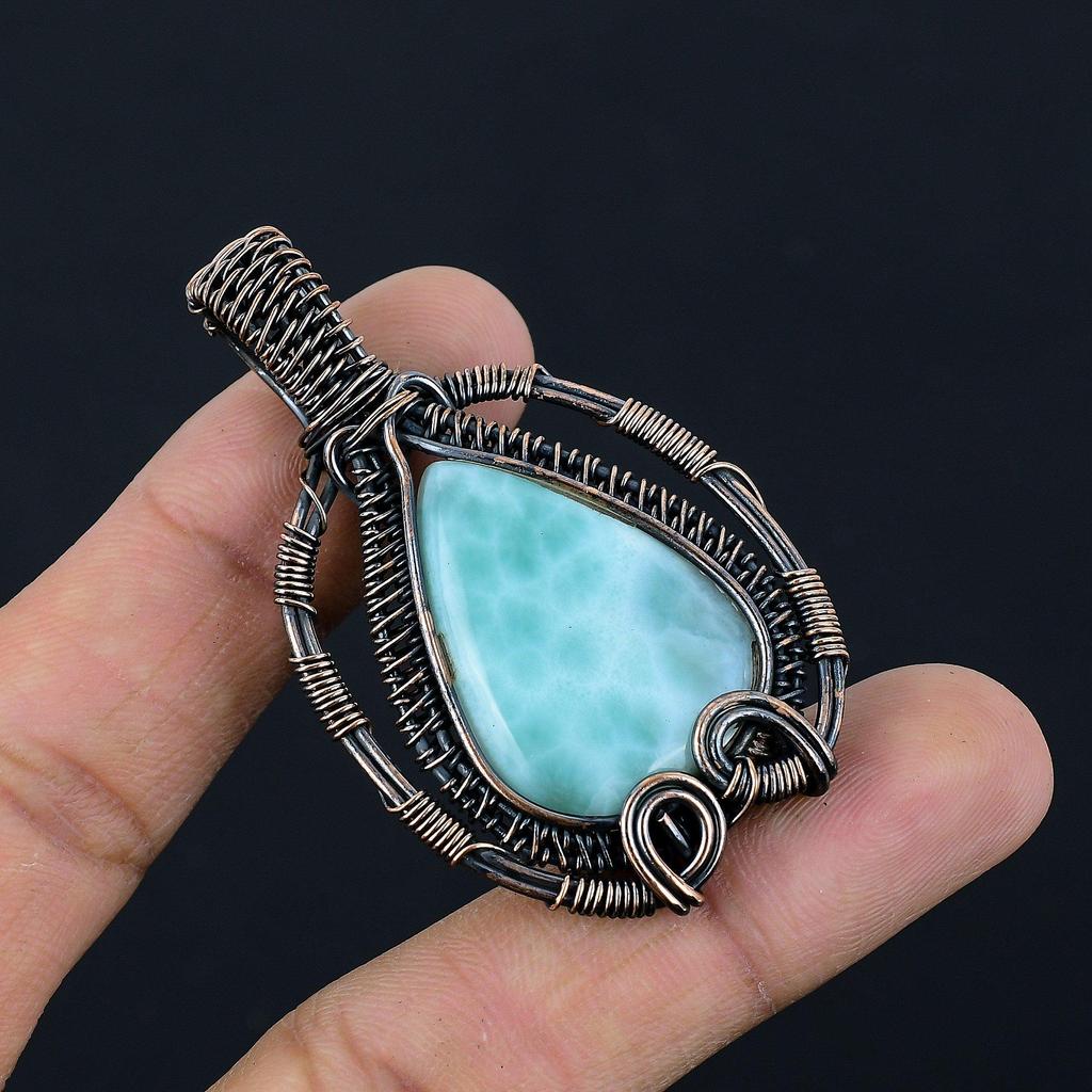 Republic Larimar Pendant, 999 Copper Wire Wrapped Jewelry, Gemstone Jewelry Pendant, Handmade Wedding Gift Jewelry