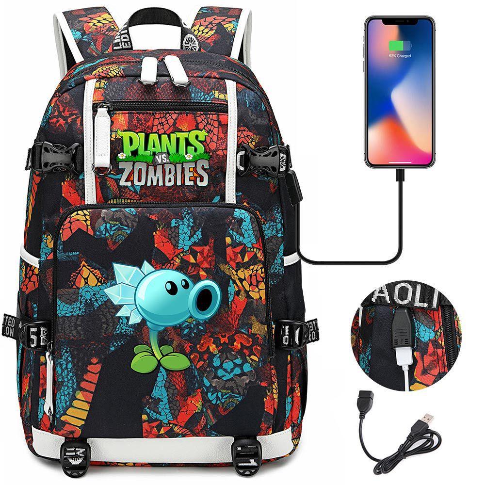 Double Shooter Plant USB Teen Student Backpack Unisex Casual Travel Rucksack