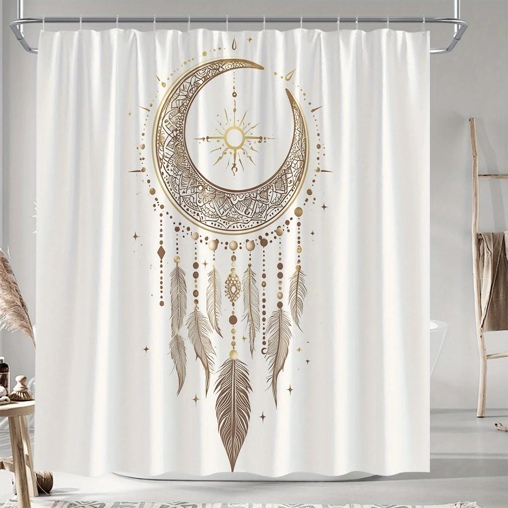 Celestial Crescent Moon Shower Curtain - Golden Geometric Designs & Bohemian Charms, Mystical Art Bath Decor