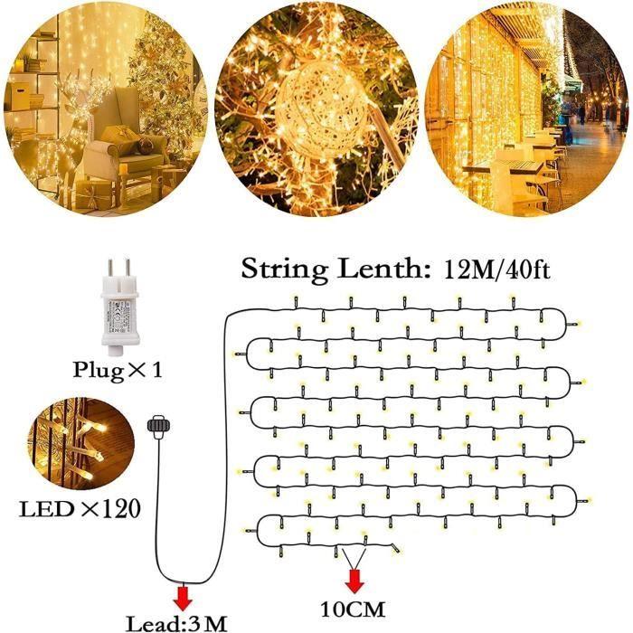 Guirlande lumineuse extérieure - 12m - 120 LED - 8 modes - Blanc chaud - Télécommande