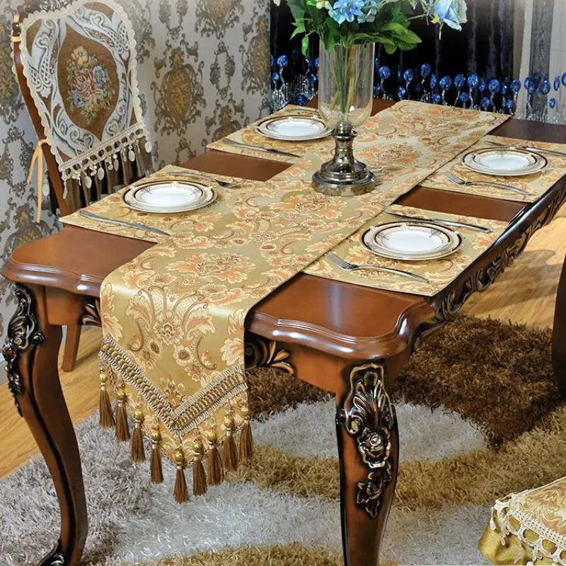 Атласный жаккардовый светильник, роскошный стол, флаг, ТВ-шкаф, обеденный стол, противоскользящая ткань, декоративная скатерть с кисточками из бисера