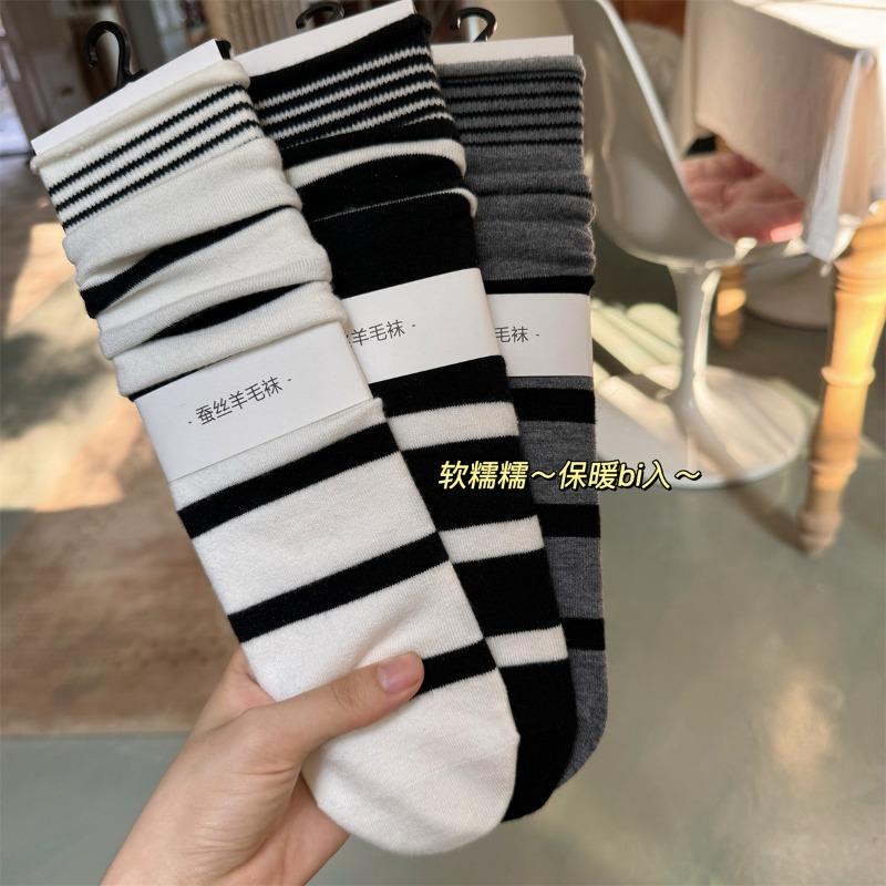 Mulberry, Silk, Cotton, Wool Socks, Winter Striped Boneless Socks, Mid-calf Socks, Striped Socks for Women