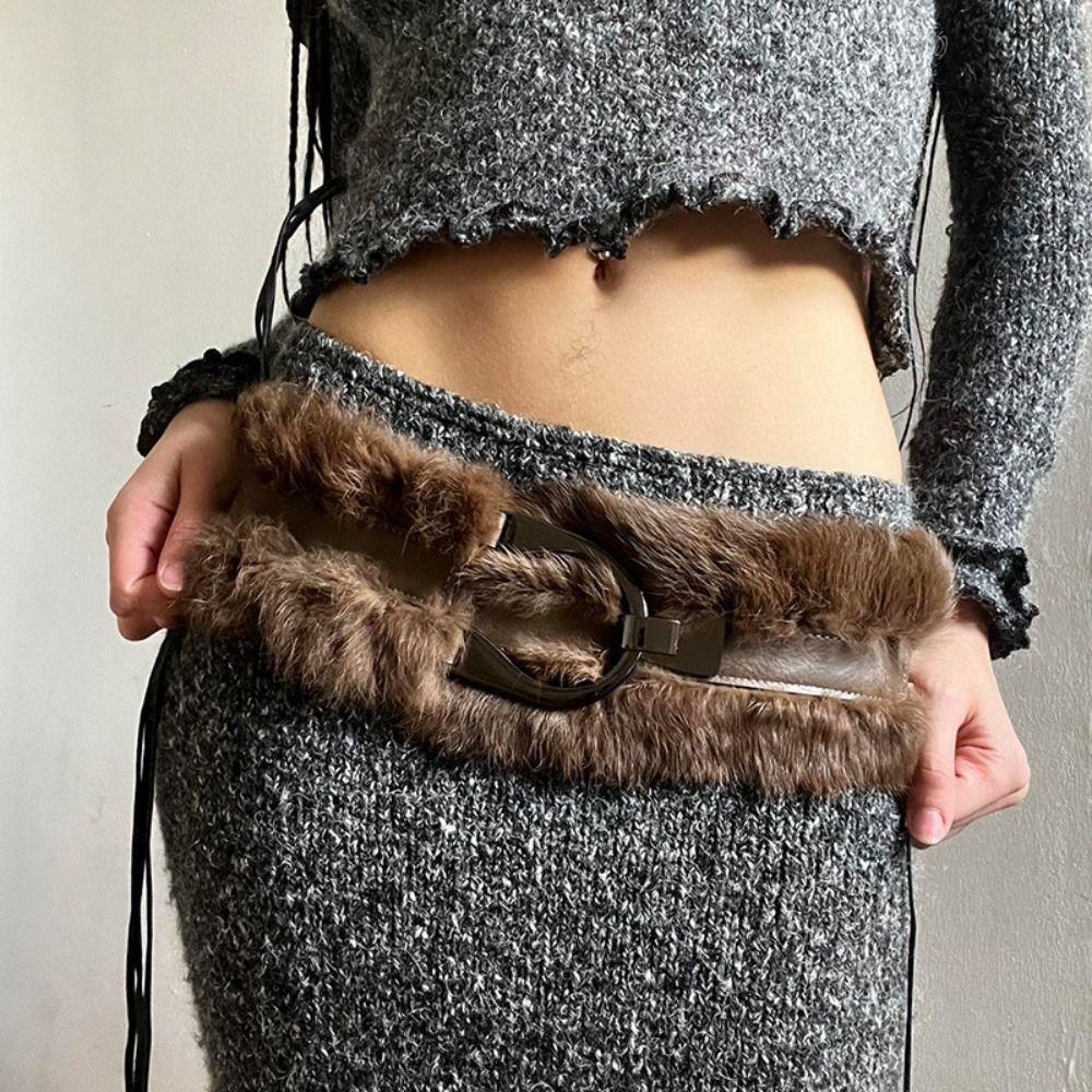 Punk Leather Fur Belt Spicy Girl Y2K Waistband Fashion Plush Belt Dress Decoration