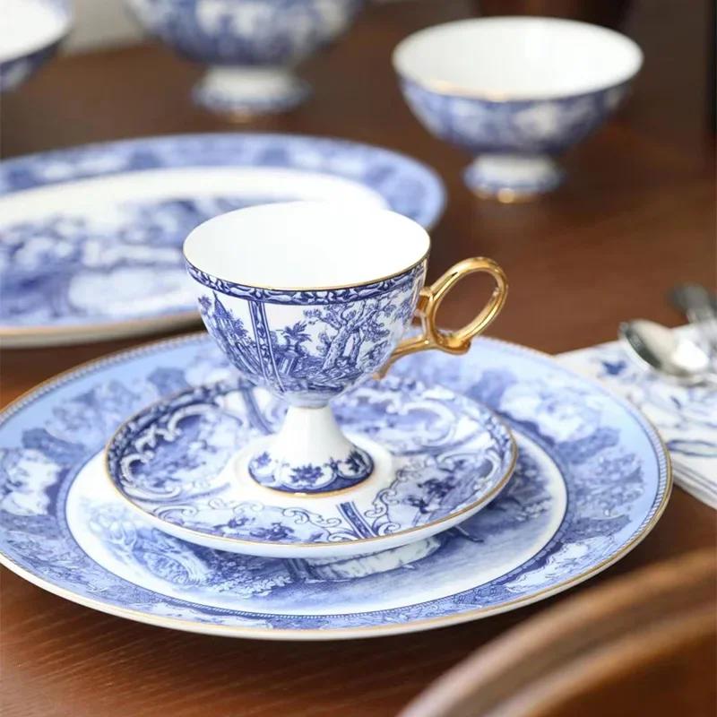 Синие тарелки для еды Аббатства Даунтон, Французский ретро чайный сервиз, Миски, Обеденные тарелки, Фруктовница, Блюдо для рыбы, Посуда, Столовая посуда