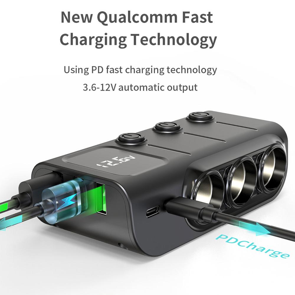 Автомобильные зарядные устройства 120 Вт Адаптер быстрой зарядки Разветвитель питания на 3 гнезда 12 24 В с 3 USB-портами + 2 портами Type-C Отображение напряжения