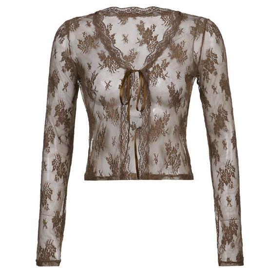 Женские сексуальные прозрачные кардиганы Y2K с длинным рукавом и кружевной сеткой, винтажные укороченные топы на шнуровке, уличная одежда