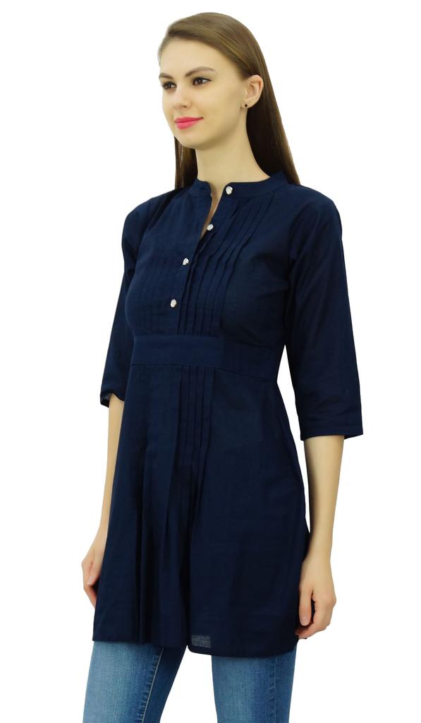 Phagun Women's Elegant Short Tunic Mandarin-Collar Kurti Chic Casual Cotton