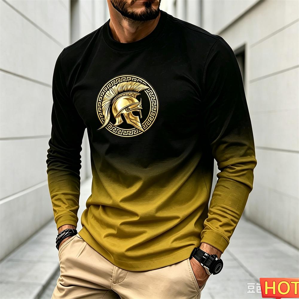 Men's Autumn Winter Gradient Long sleeved T-shirt Round neck Men's graphic T-shirts Polyester Harajuku Tee tops Men's y2k clothing