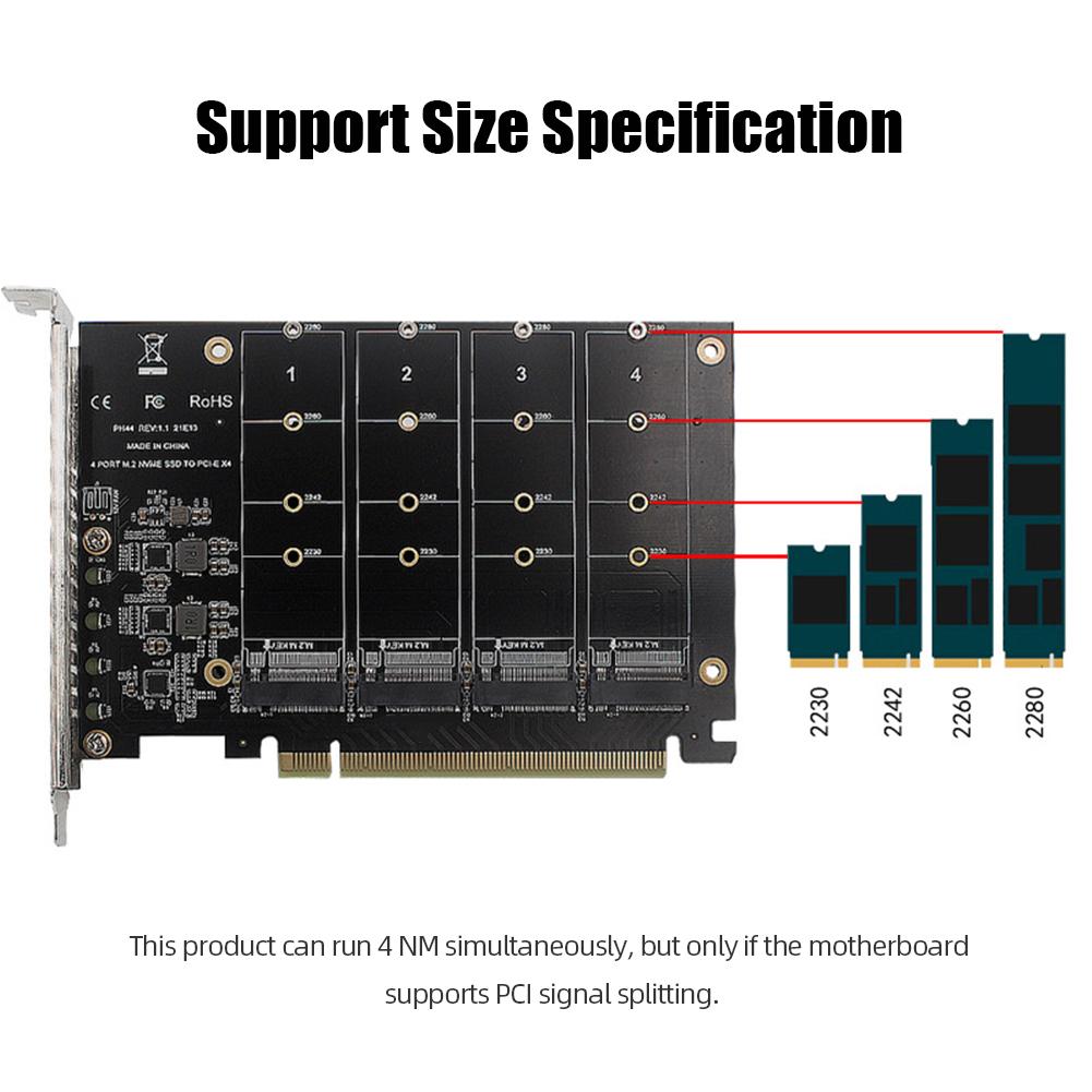 M.2 NVMe SSD To PCIE X16M Key Hard Drive Converter Reader 4 Port Convert Adapter 4 X 32Gbps Array Expansion Adapter Motherboard