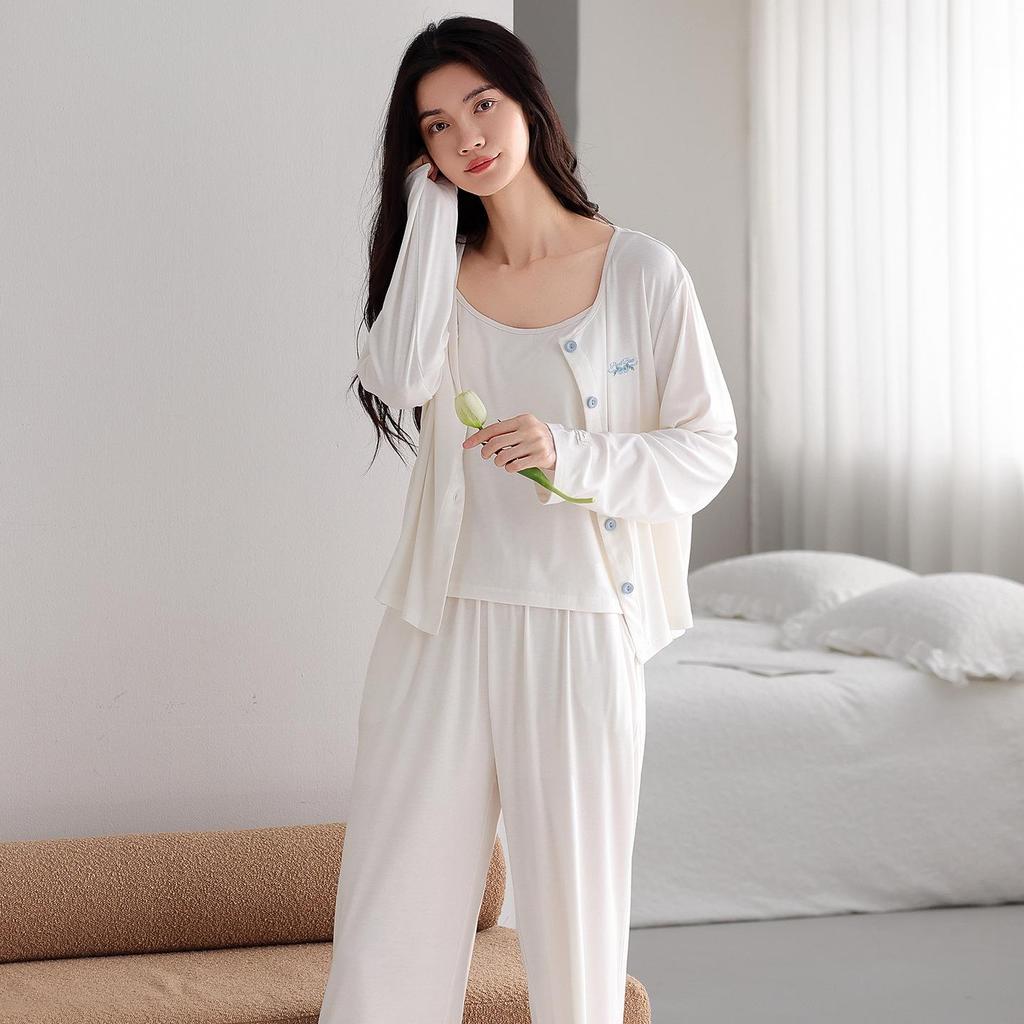 Women's Antibacterial U-Knit Pajama Set: Camisole, Long Sleeve Top, Long Pants - Spring & Autumn Casual Homewear 3-Piece