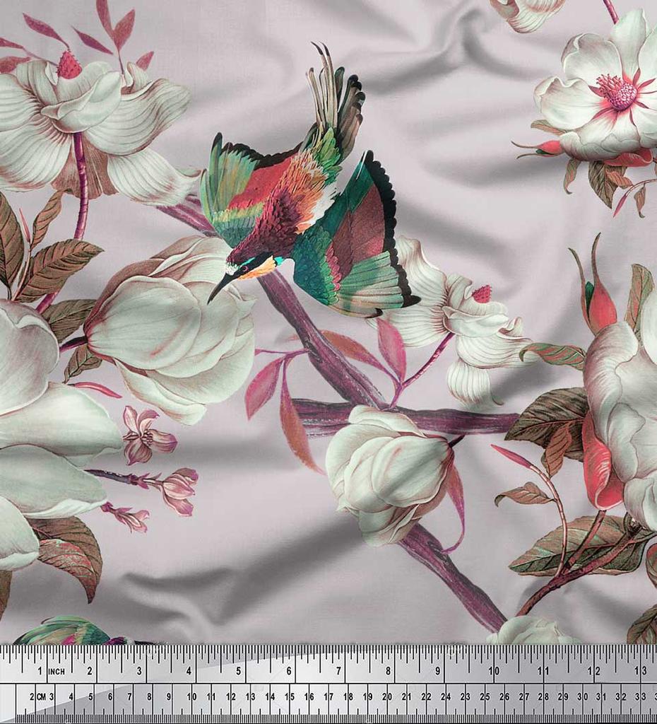 Soimoi Серая полиэфирная креповая ткань с цветочным принтом и принтом зимородка, 42 дюйма по метрам