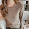 Женские облегающие топы с круглым вырезом и длинным рукавом, пуловеры, однотонные футболки с рубчатой текстурой
