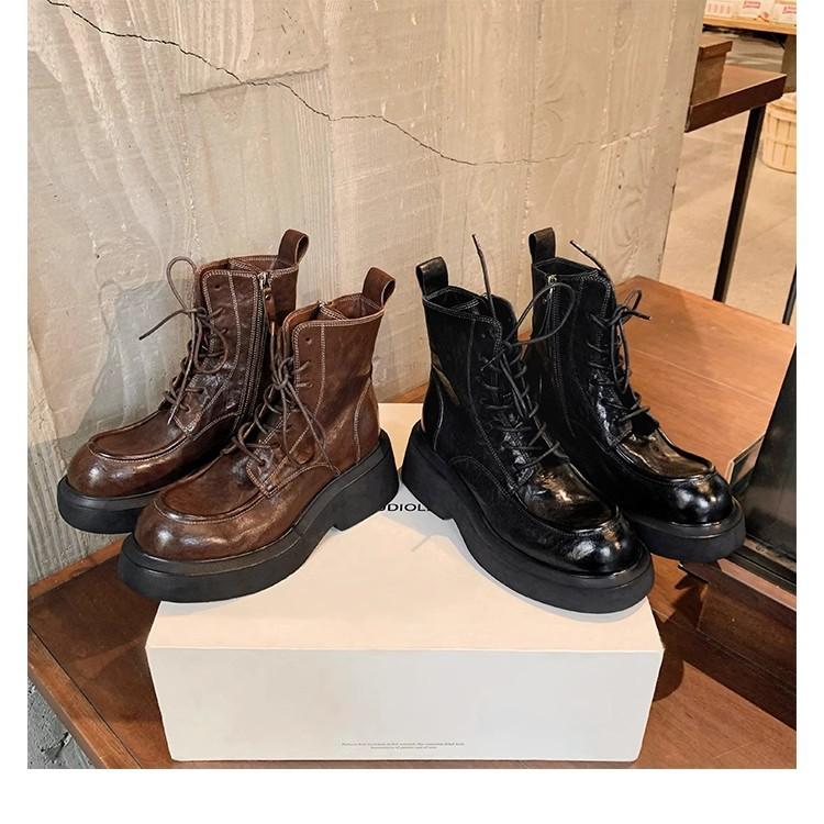 Усадка обуви Лошадиная кожа Увеличение высоты Грубый каблук Платформа Подошва Шнуровка Боковая молния Ботинки Мартин