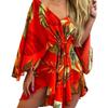 Asymmetrical Hem Elegent Beauty Lady Dress Tropical Print Sexy Women Dress Tie Front V Neck Mini Dress Beachwear