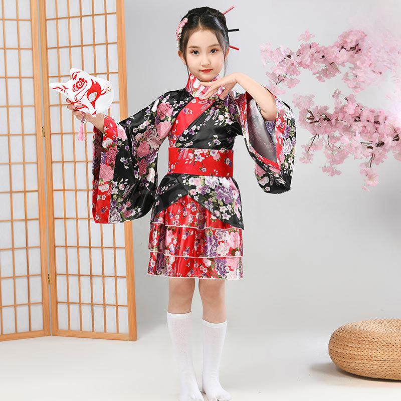 Elibelle Японское Традиционное Платье Кимоно Халат для Детей Девочек Костюм Шелковые Складные Веера Палочка для Волос Маска Лисы Набор Костюмы для Косплея