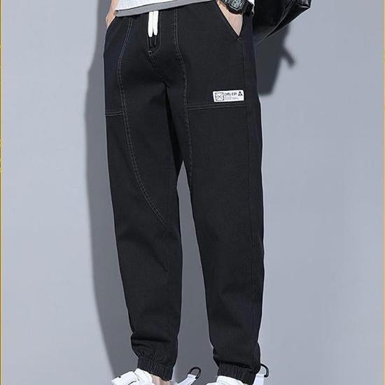 Джинсы мужские корейские весенне-летние свободные облегающие брюки с переплетной этикеткой, повседневные модные трендовые укороченные брюки