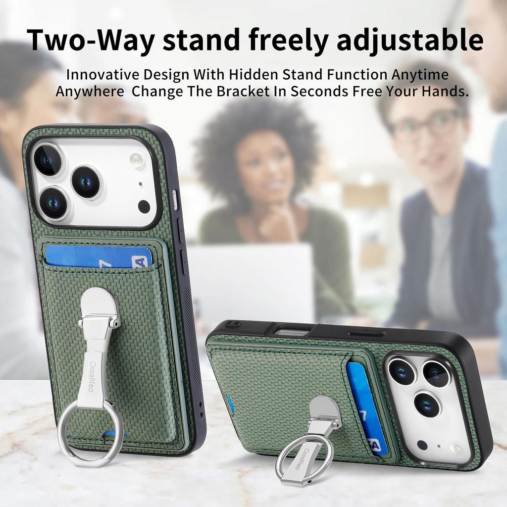 For iPhone 17 Pro Leather Phone Back Cover with Kickstand and Card Slots Carbon Fiber Texture