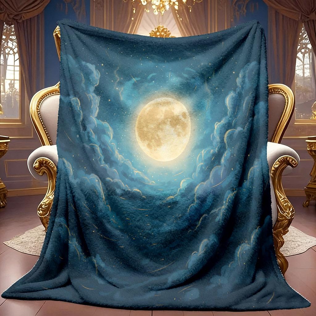 1pc 2D Moonlit Starry Sky Cloud Theme Pattern Flannel Blanket, Soft HD Digital Print, Cooling Blanket All-Season Use! Soft And Breathable 100% Polyest
