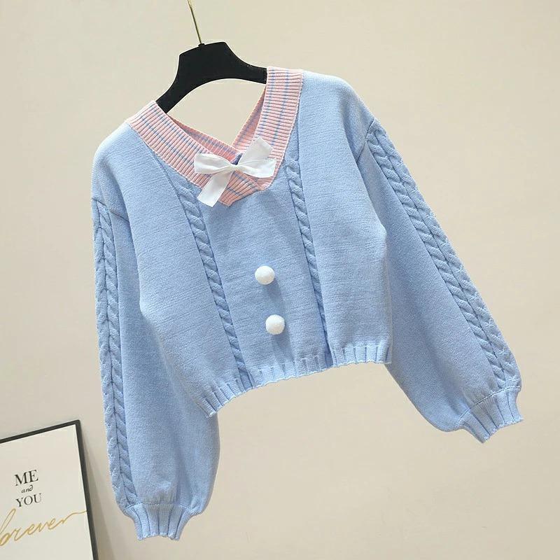 Women's Kawaii Short Knitted Sweater Sweet Candy-colored Bow V-neck Pullover Women's 2024 Spring Leisure Lantern Sleeve S