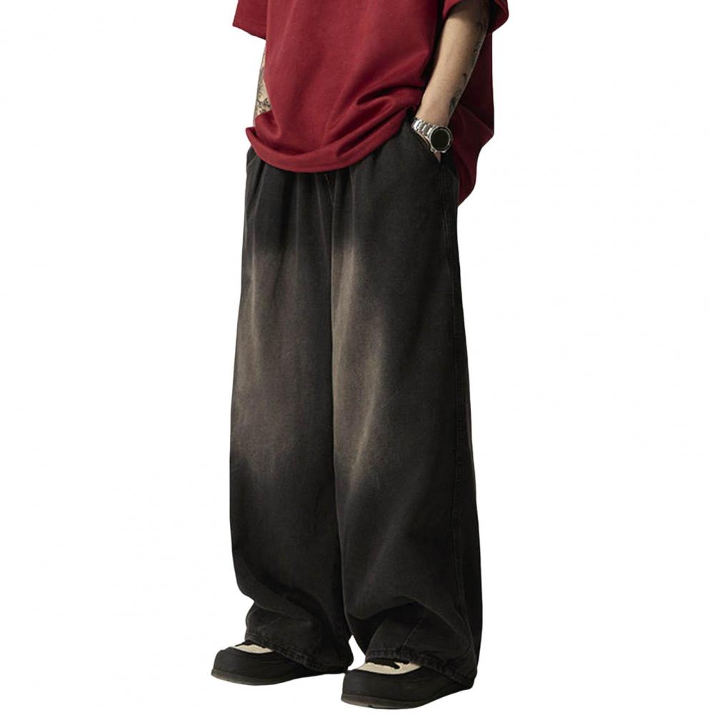 Men Jeans Elastic Waist Drawstring Wide-Leg Jeans Street Style Distressed Design Draped Denim Trousers