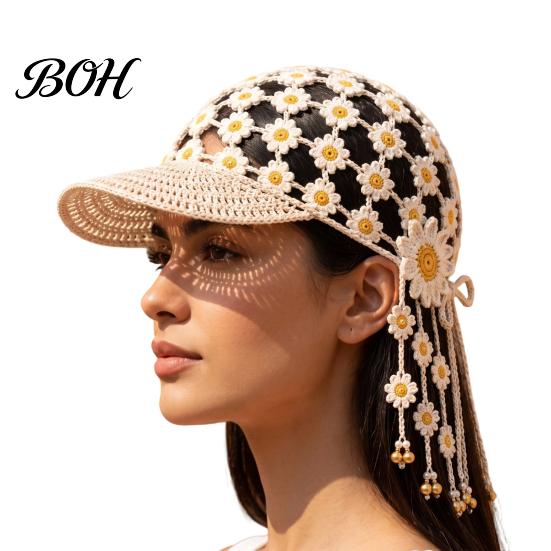 Travel Vacation Headwear Hand Crocheted Sunflower Baseball Cap, Bohemian Tassel Bell Hat, Handmade Knit Cutout Floral Embellished Cap Beanie