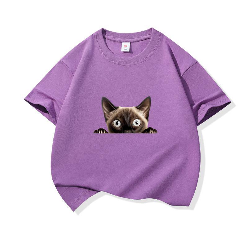 Kids Cotton T Shirt Peeking Cute Cat Pattern Print Crew Neck Short Sleeve Tee Casual Breathable Boys Girls Summer Tops