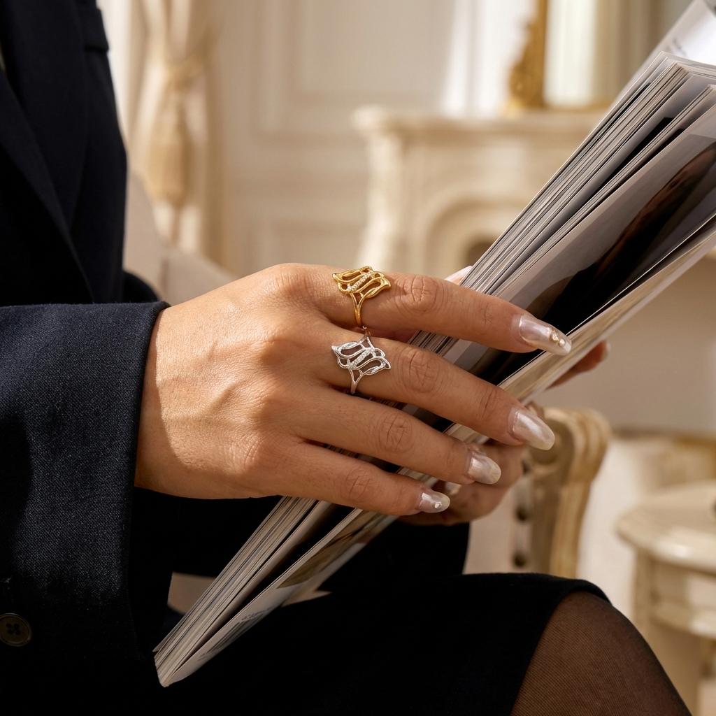 Elegant Sweeping Curve Ring for Women Brass Zircon Openwork Shield Long Finger Cocktail Sophisticated Prom Jewelry