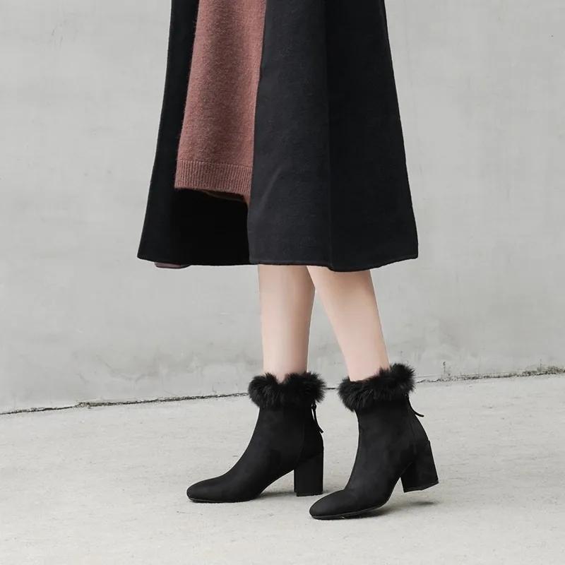 Модная обувь, женские сапоги, сапоги на молнии, женские, плюшевые, зимние, резиновые, на высоком каблуке, средние, 2024ur, щиколотка, римские, однотонные, флок, базовые, из искусственной кожи, Squ