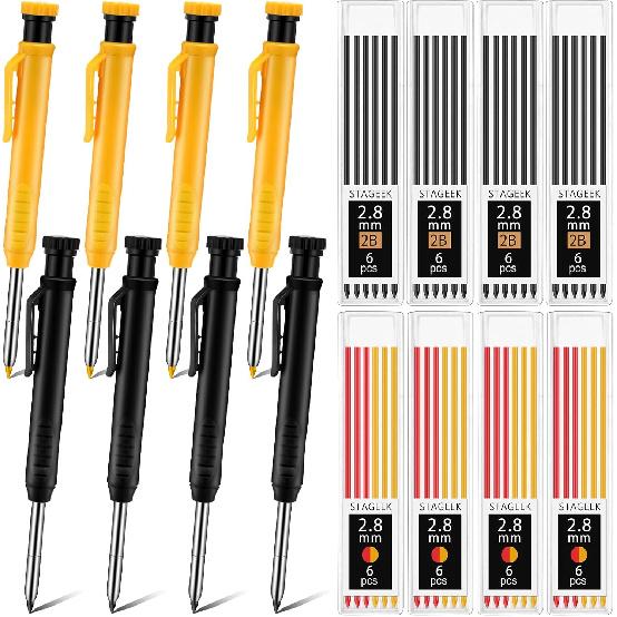 8 pack 2.8mm Mechanical Carpenter Pencils with 48 Refills, Construction Pencils with Built-in Sharpener, Long Nib Deep Hole Marker, Heavy Duty
