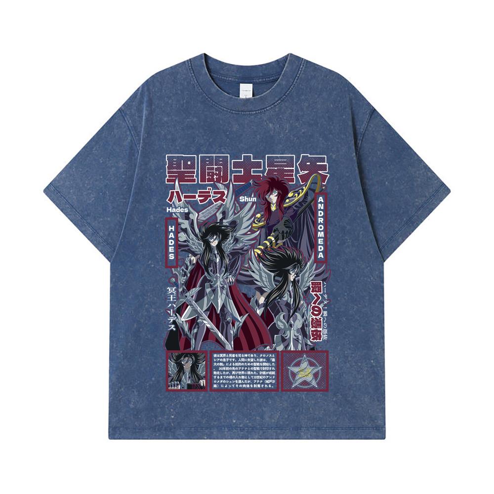 Стиранные футболки 275 г/м² 100% Хлопок Saint Seiya V4 Принт Аида Унисекс Тяжелая Хлопковая Футболка