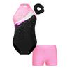 Girls Sleeveless Rhinestones Patchwork Leotard Hair Band V Front Waistband Shorts Dance Gymnastics Set