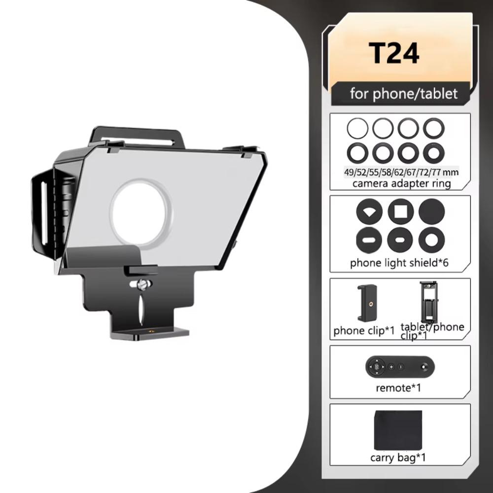 Portable T24 Teleprompter Wide Screen Dual Hot Shoe Mount For Phone Tablet Tripod Light Stand Live Streaming Video Shooting Recording Vlog Interview