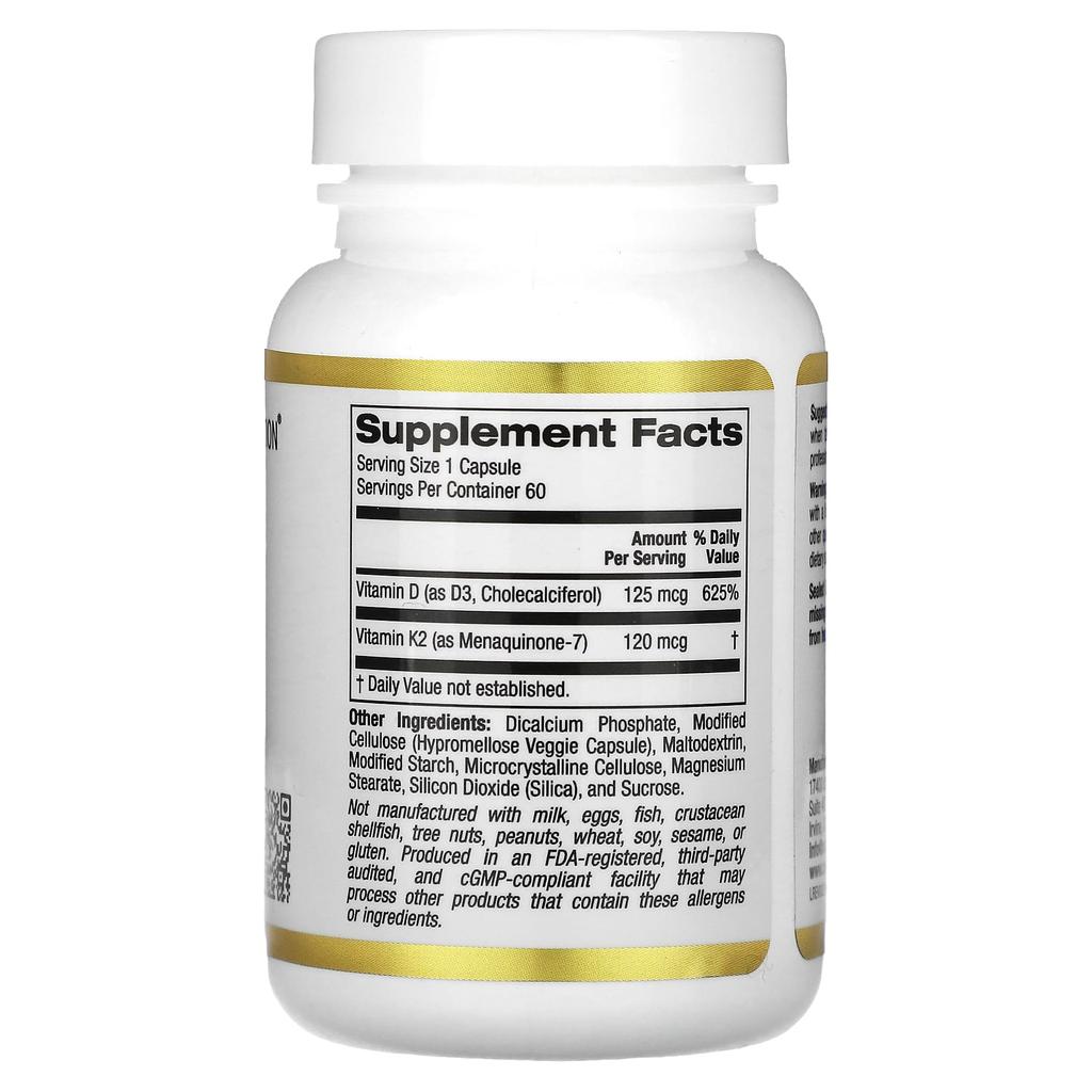 California Gold Nutrition, Витамин D3 + K2, 60 растительных капсул
