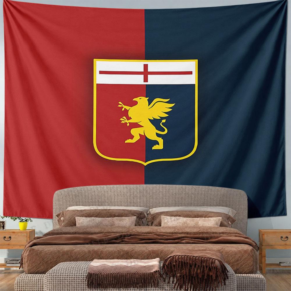 A shield divides red and blue, with a yellow griffin and white cross. Patterned tapestry for bedroom and living room home decor