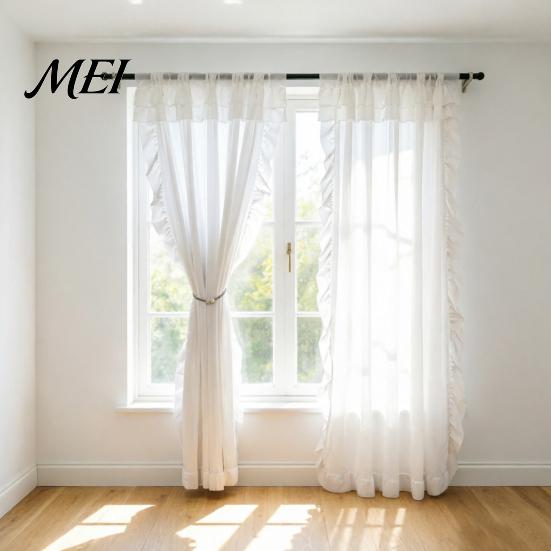 French Ruffle Curtain White Ruffled Panel, 39 Inch x 51 Balcony Window Soft Fabric Curtain, Light Filtering Panel for Living Room Bedroom Elegant