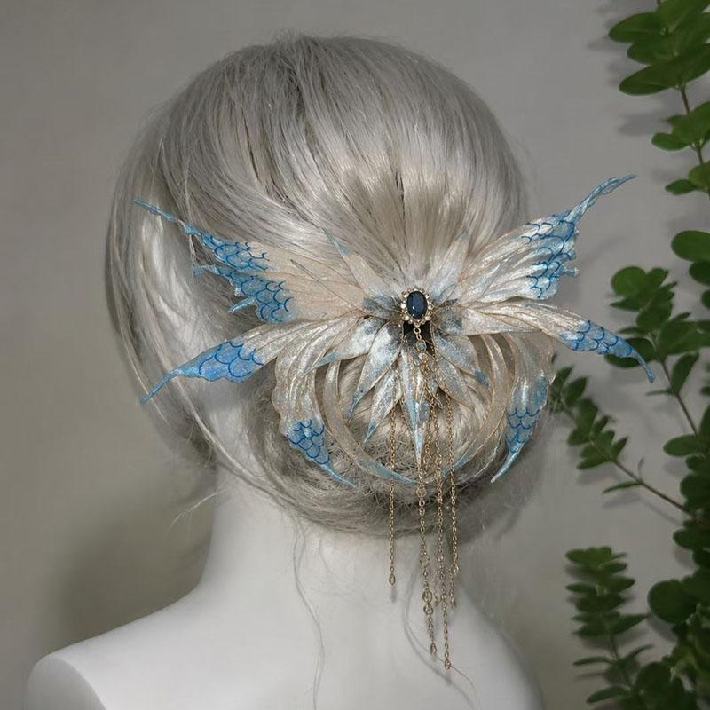 Moving Butterfly Wing Hair Clip Mermaid Fairy Elf Hair Claw Tassel Hairpin Vintage Lolita Cosplay Hair Accessory