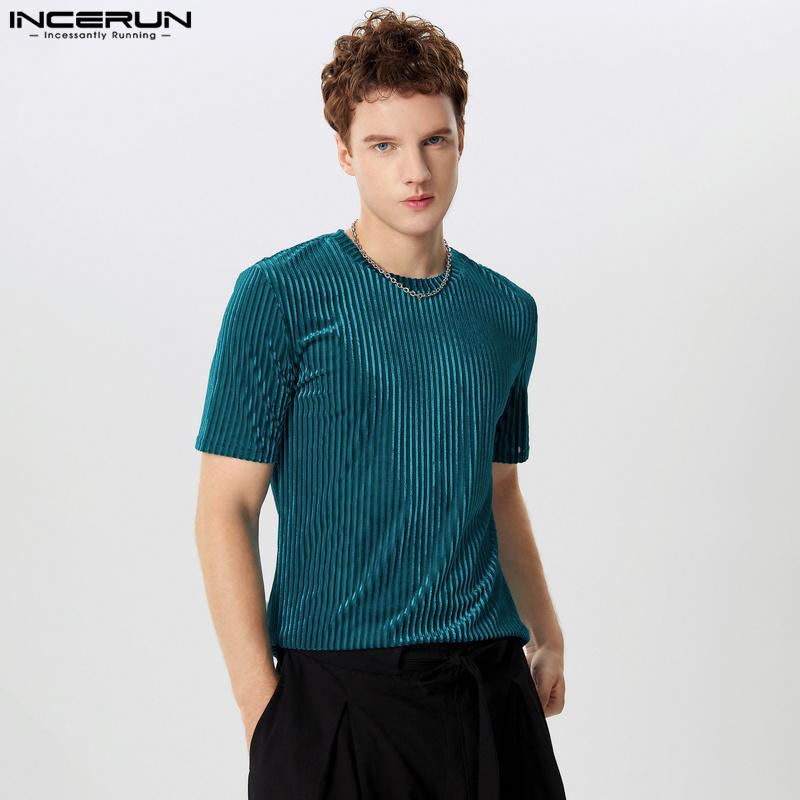 INCERUN Летние мужские футболки с коротким рукавом и круглым вырезом, повседневные блестящие футболки