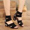 Fashion Comemore Black Embroidered Mid-heel Sandals Women Summer All-match Thick Heel Elegant Retro Open Toe Embroidered Shoes Women