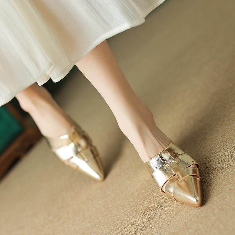 Мода 2024 Новые Летние Женские Туфли Мюли с Острым Носком Женские Однотонные из Натуральной Кожи Мюли на Высоком Каблуке Уличные Тапочки для Женщин Сандалии